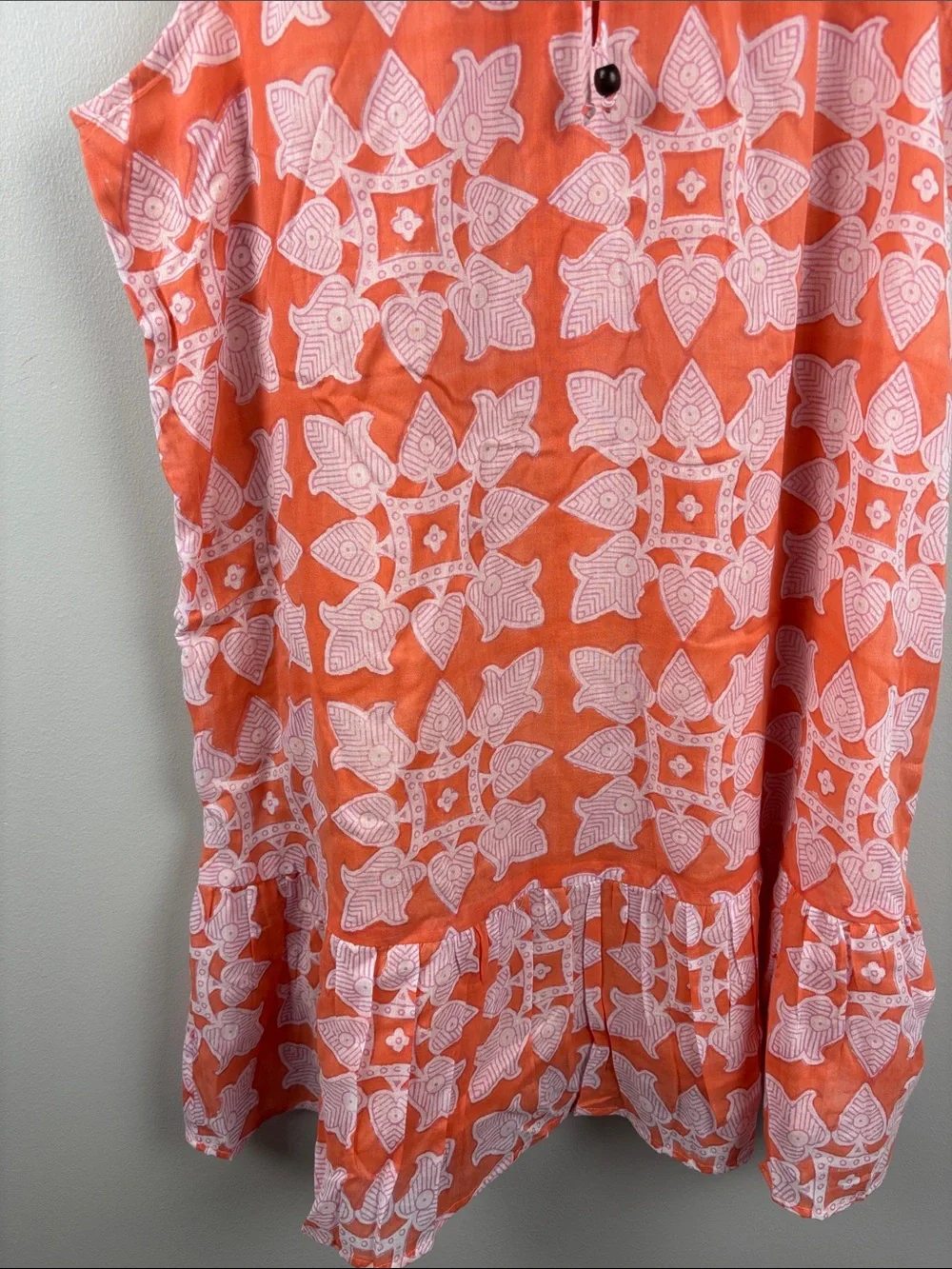 Oliphant Coral and White Printed Midi Dress sleeveless Large ruffled lined